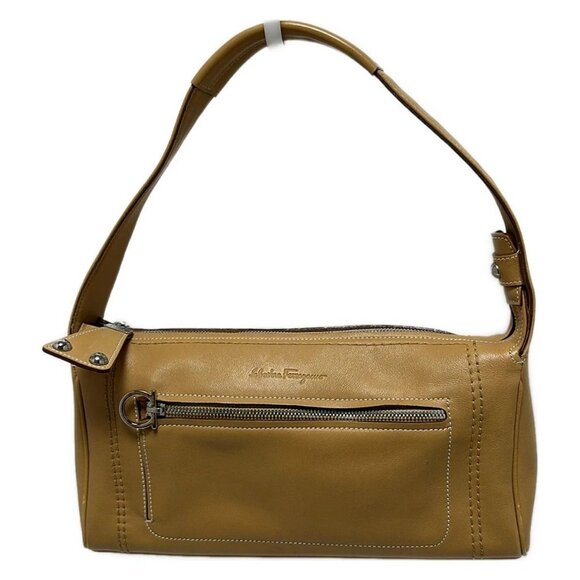 Auth Salvatore Ferragamo Gancini - Light Brown Leather Shoulder Bag - Picture 1 of 9